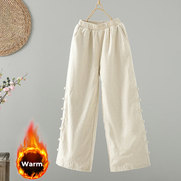 Buddha Stones冬用 伸縮性ウエスト カエルボタンデザイン コットン サーマル レディース ストレートレッグパンツ ポケット付き - リネン - US8-10，UK/AU12-14，EU40-42 (2XL) - image 7