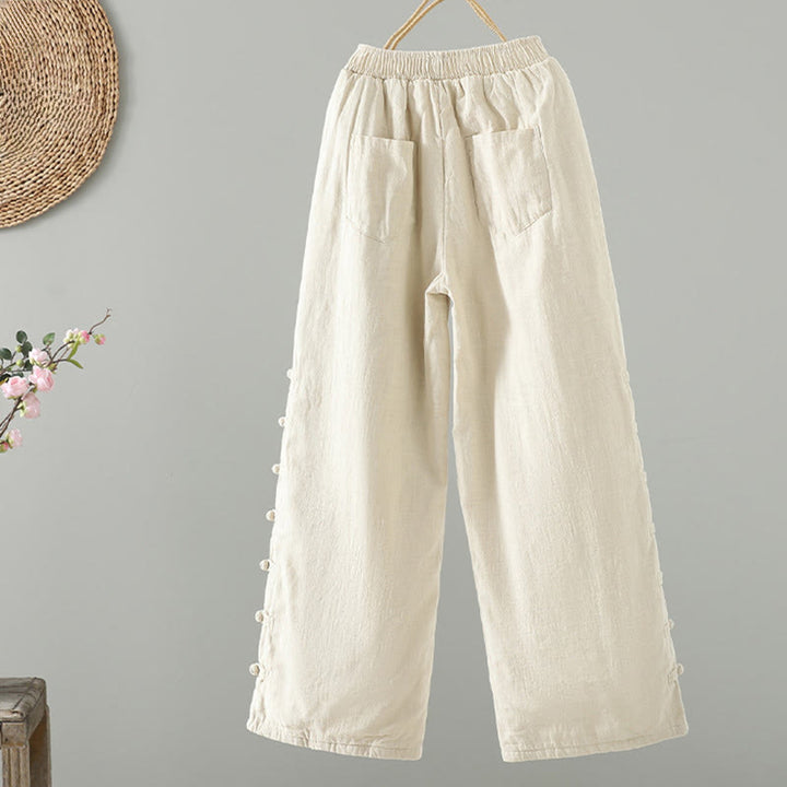 Buddha Stones冬用 伸縮性ウエスト カエルボタンデザイン コットン サーマル レディース ストレートレッグパンツ ポケット付き - image 8