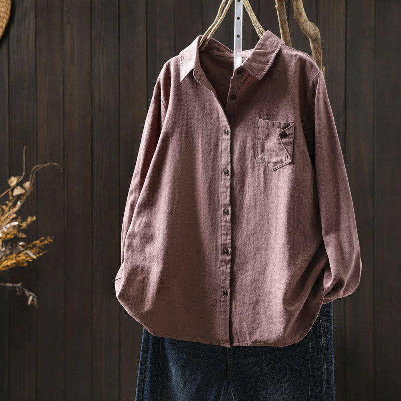 Buddha Stonesの秋ボタンダウンポケット装飾デザインレディーススタンドカラー長袖コットンシャツ - ペールバイオレットレッド - US6、 UK/AU10、 EU38 (L) - image 16