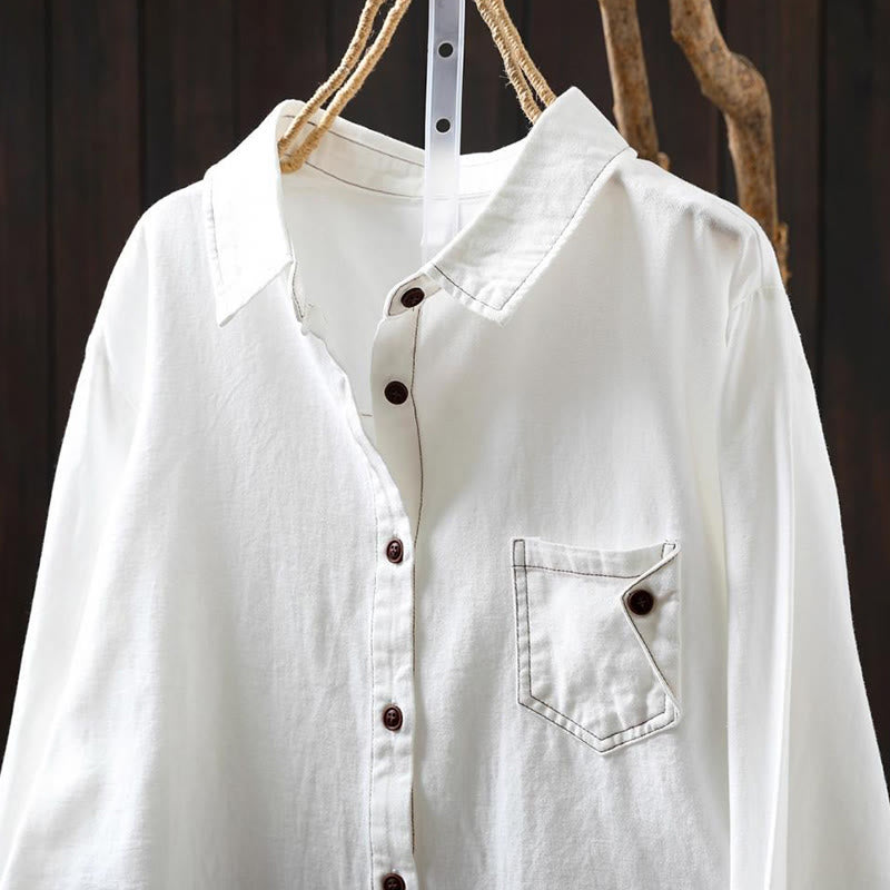 Buddha Stonesの秋ボタンダウンポケット装飾デザインレディーススタンドカラー長袖コットンシャツ - image 3