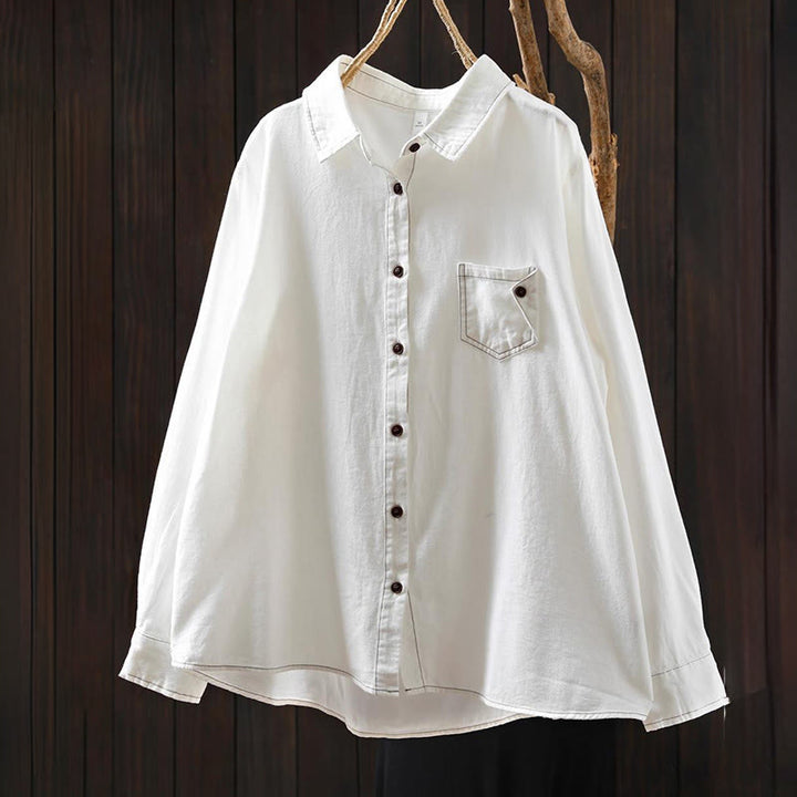 Buddha Stonesの秋ボタンダウンポケット装飾デザインレディーススタンドカラー長袖コットンシャツ - image 1