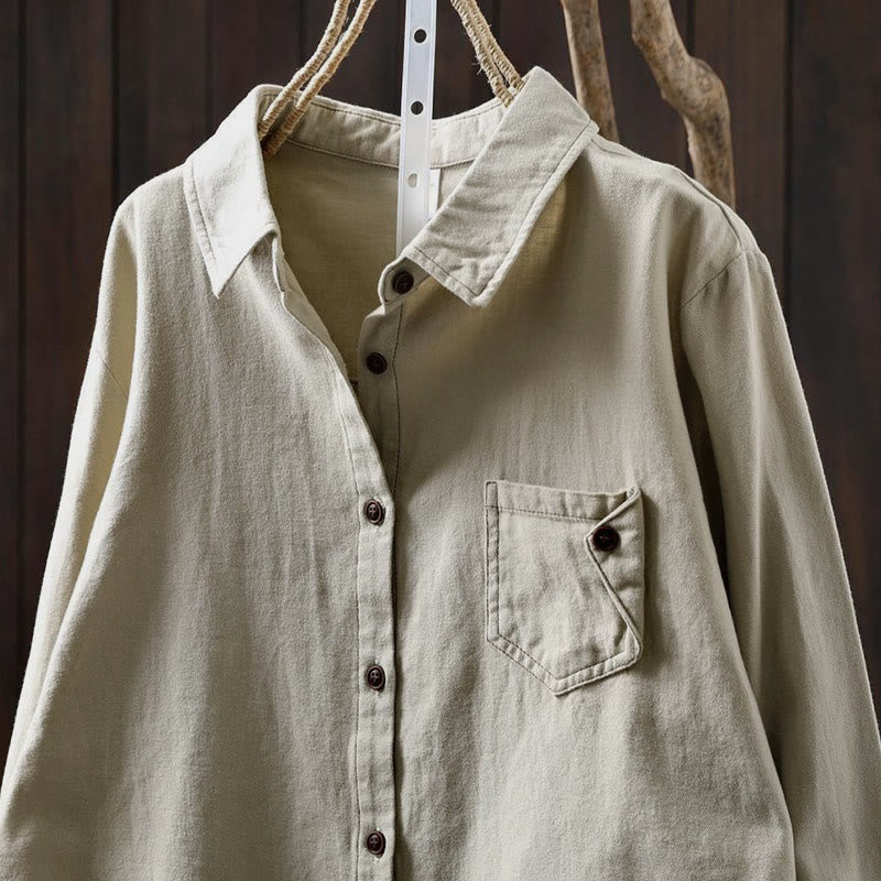 Buddha Stonesの秋ボタンダウンポケット装飾デザインレディーススタンドカラー長袖コットンシャツ - image 15