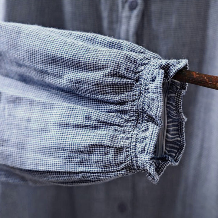 Buddha Stones秋冬 スモールチェック柄 ボタンダウン フリルカラー 長袖 レディース コットンシャツ - image 9