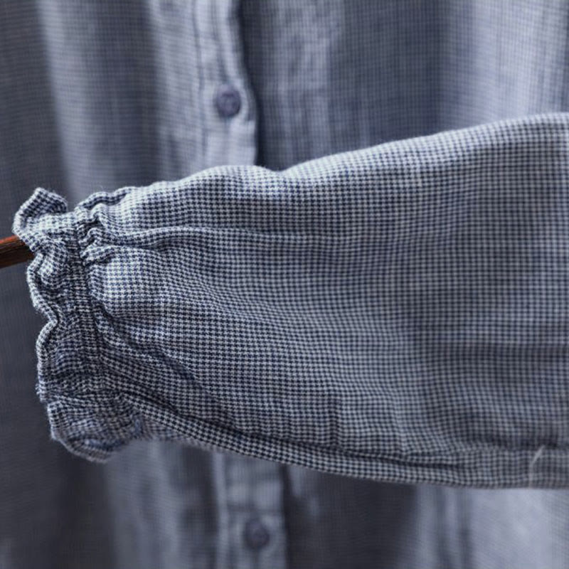 Buddha Stones秋冬 スモールチェック柄 ボタンダウン フリルカラー 長袖 レディース コットンシャツ - image 10