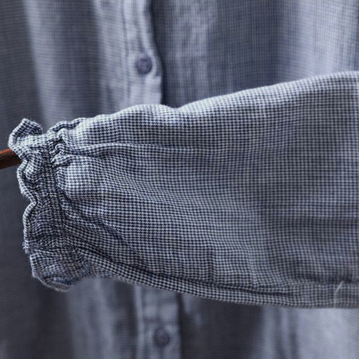 Buddha Stones秋冬 スモールチェック柄 ボタンダウン フリルカラー 長袖 レディース コットンシャツ - image 10