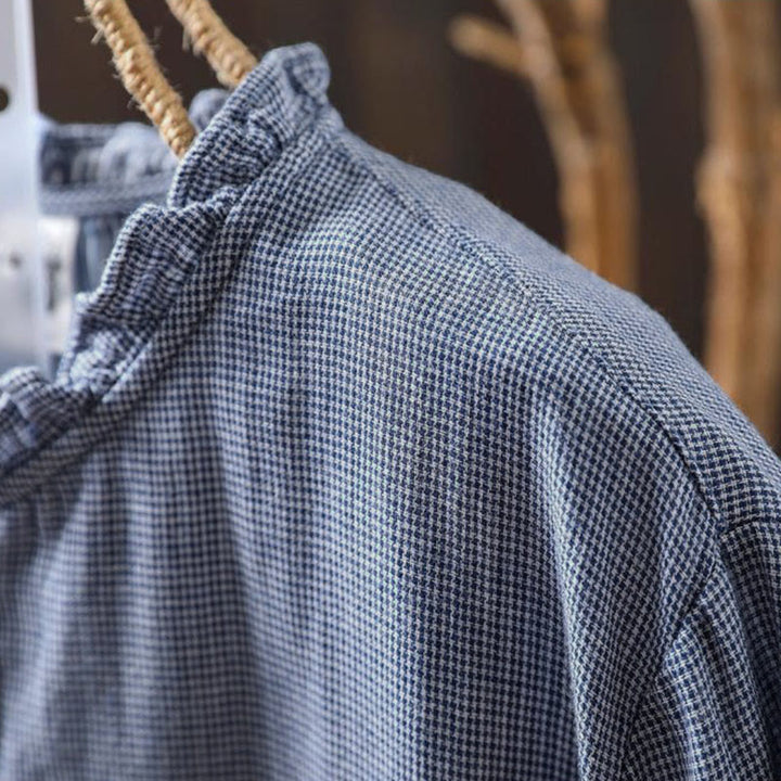 Buddha Stones秋冬 スモールチェック柄 ボタンダウン フリルカラー 長袖 レディース コットンシャツ - image 5