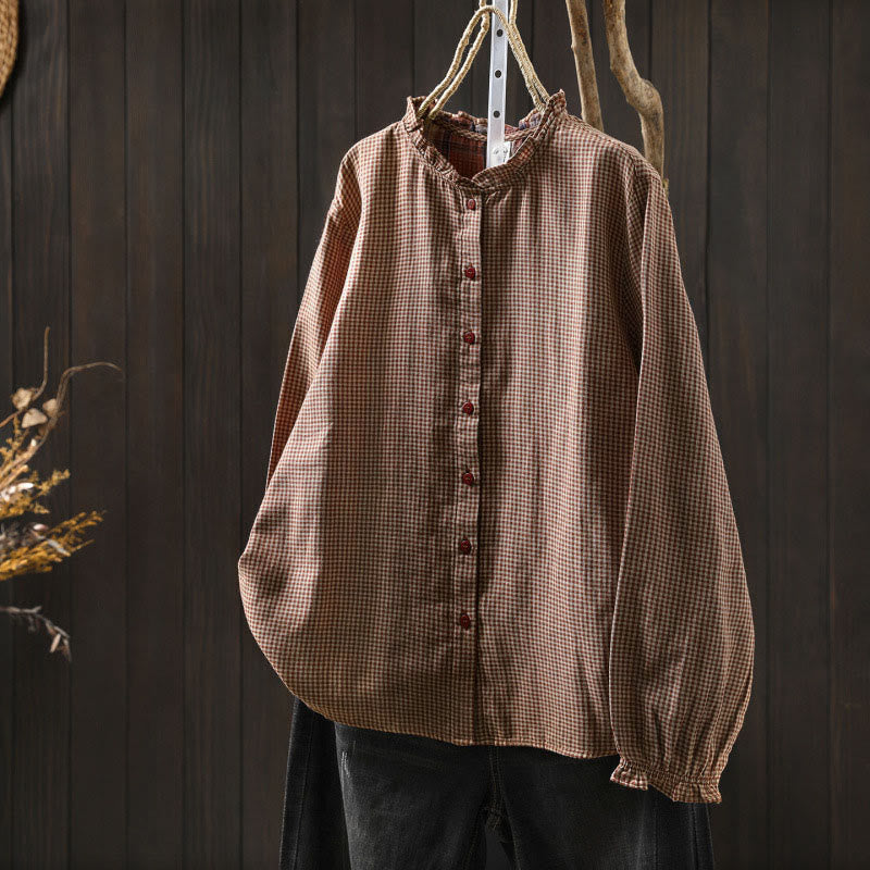 Buddha Stones秋 チェック柄 ボタンダウン フリルカラー 長袖 レディース コットンシャツ - ダークサーモン - US6、 UK/AU10、 EU38 (L) - image 0