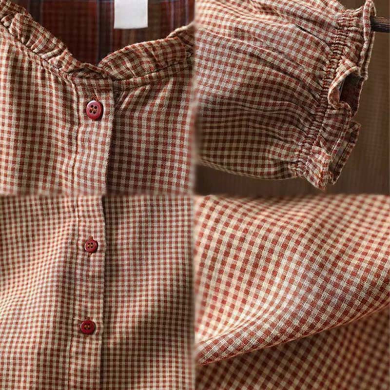 Buddha Stones秋 チェック柄 ボタンダウン フリルカラー 長袖 レディース コットンシャツ - image 12