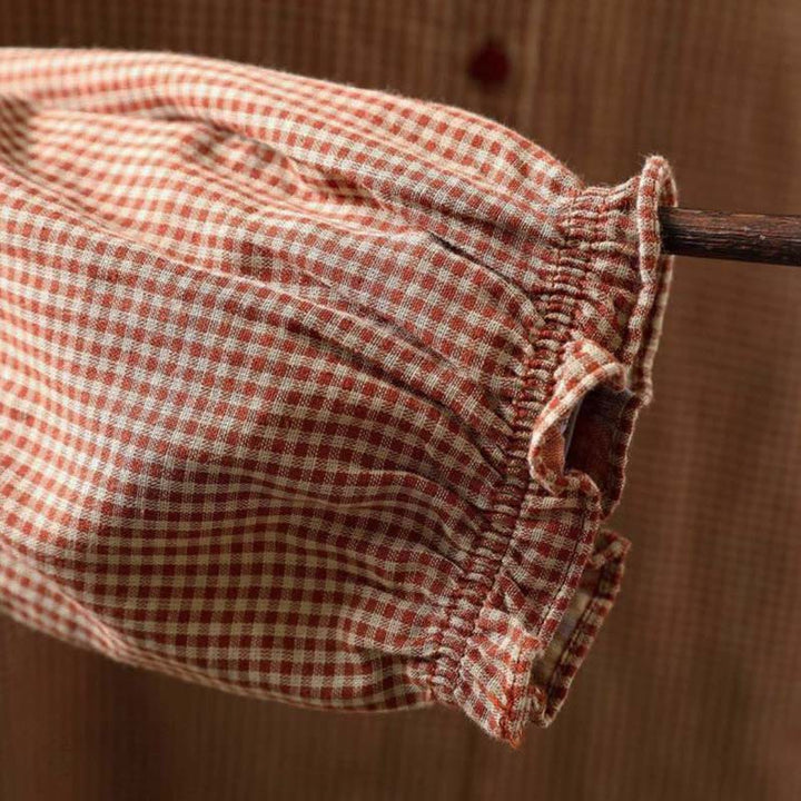 Buddha Stones秋 チェック柄 ボタンダウン フリルカラー 長袖 レディース コットンシャツ - image 10