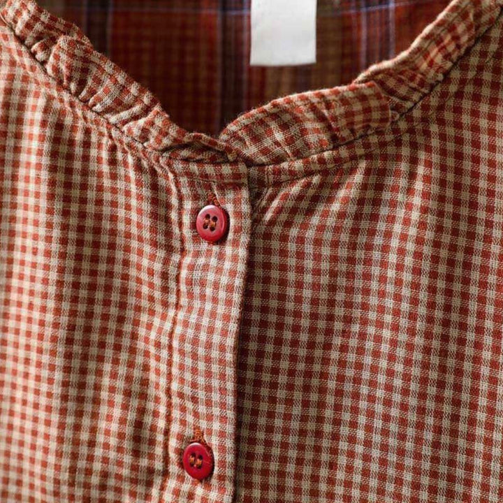 Buddha Stones秋 チェック柄 ボタンダウン フリルカラー 長袖 レディース コットンシャツ - image 5