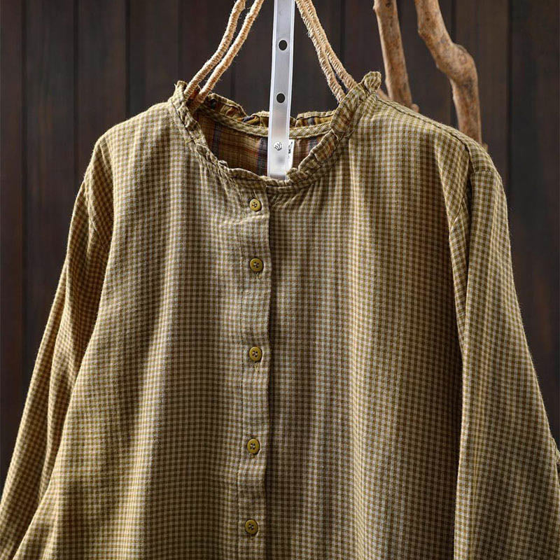 Buddha Stones秋 チェック柄 ボタンダウン フリルカラー 長袖 レディース コットンシャツ - image 14