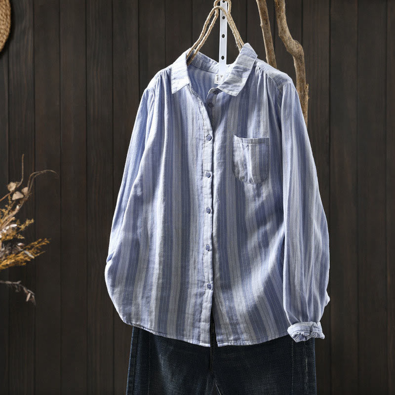 Buddha Stones秋 縦縞 ボタンダウン スタンドカラー 長袖 レディース コットンシャツ - ライトスカイブルー - US6、 UK/AU10、 EU38 (L) - image 0