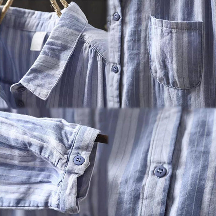 Buddha Stones秋 縦縞 ボタンダウン スタンドカラー 長袖 レディース コットンシャツ - image 12