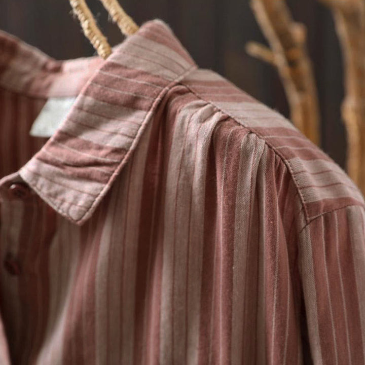 Buddha Stones秋 縦縞 ボタンダウン スタンドカラー 長袖 レディース コットンシャツ - image 17