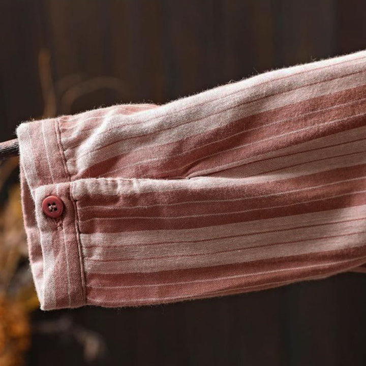 Buddha Stones秋 縦縞 ボタンダウン スタンドカラー 長袖 レディース コットンシャツ - image 22