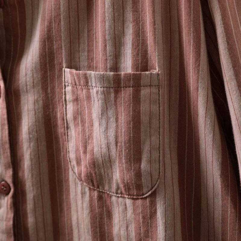 Buddha Stones秋 縦縞 ボタンダウン スタンドカラー 長袖 レディース コットンシャツ - image 16