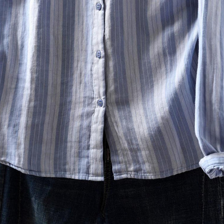 Buddha Stones秋 縦縞 ボタンダウン スタンドカラー 長袖 レディース コットンシャツ - image 8