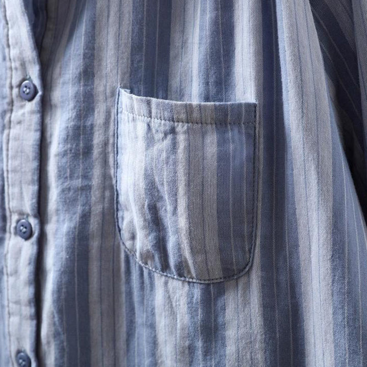 Buddha Stones秋 縦縞 ボタンダウン スタンドカラー 長袖 レディース コットンシャツ - image 6