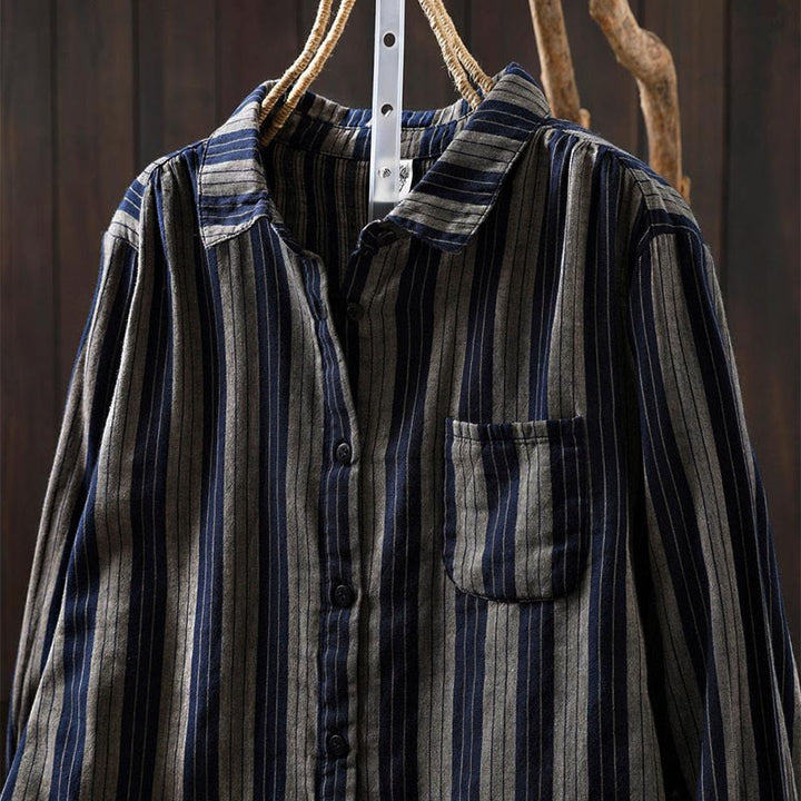 Buddha Stones秋 縦縞 ボタンダウン スタンドカラー 長袖 レディース コットンシャツ - image 28