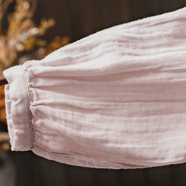 Buddha Stones秋 クルーネック バックボタンダウンデザイン 長袖 レディース コットンシャツ - image 7