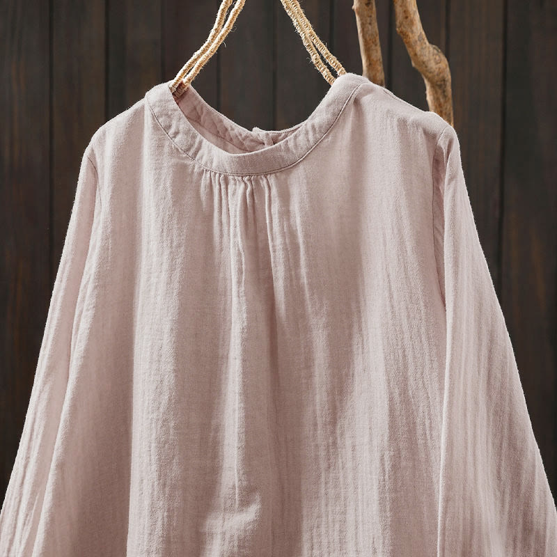 Buddha Stones秋 クルーネック バックボタンダウンデザイン 長袖 レディース コットンシャツ - image 3