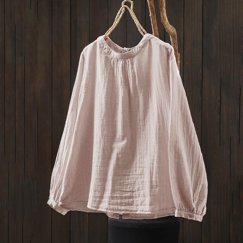 Buddha Stones秋 クルーネック バックボタンダウンデザイン 長袖 レディース コットンシャツ - image 2