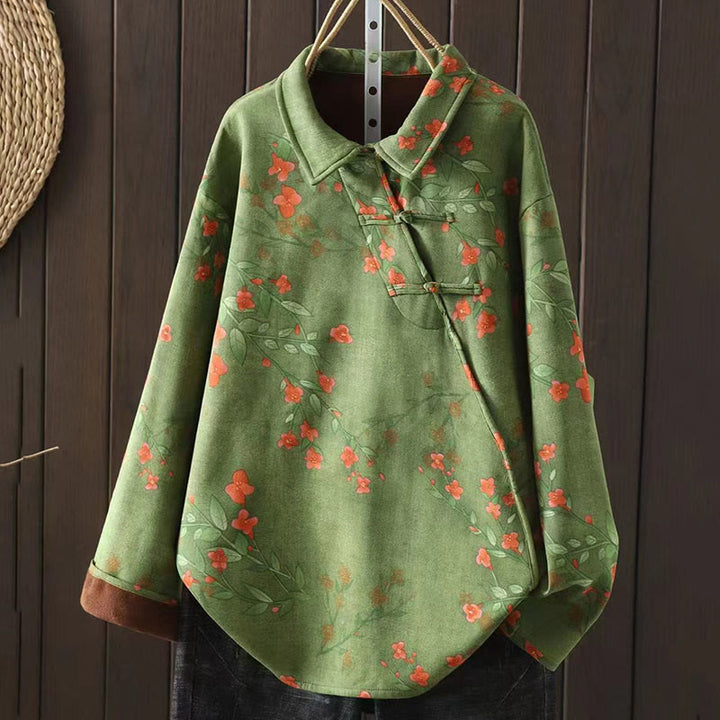 Buddha Stonesと冬の花、緑の葉、カエルボタンのスタンドカラー長袖レディースコットンシャツ - ライトグリーン - US4-8/10、 UK/AU8-12/14、 EU36-40/42 (F) - image 8