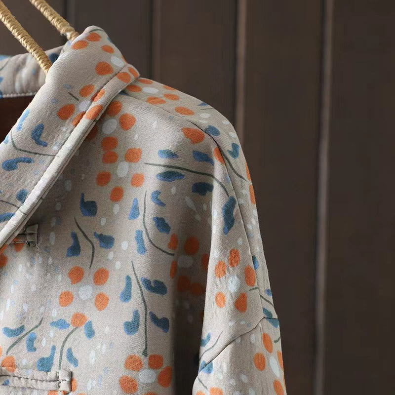 Buddha Stonesと冬の花、緑の葉、カエルボタンのスタンドカラー長袖レディースコットンシャツ - image 16