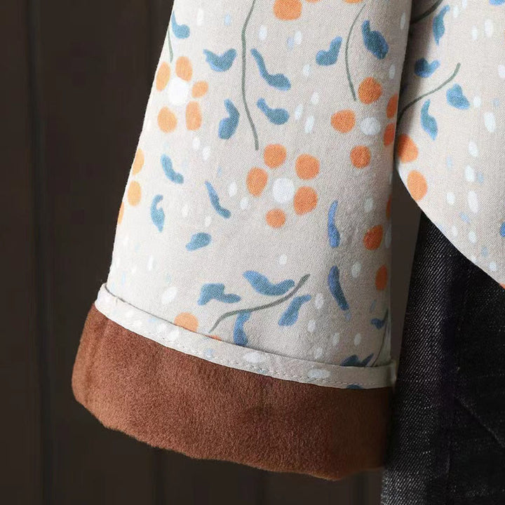 Buddha Stonesと冬の花、緑の葉、カエルボタンのスタンドカラー長袖レディースコットンシャツ - image 18