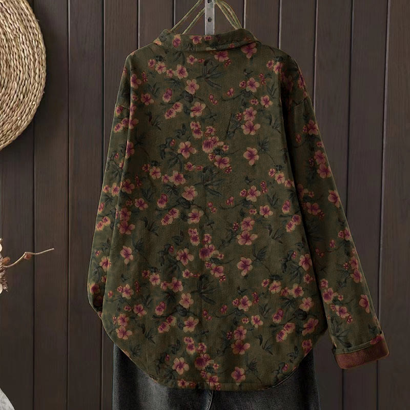 Buddha Stonesと冬の花、緑の葉、カエルボタンのスタンドカラー長袖レディースコットンシャツ - image 1