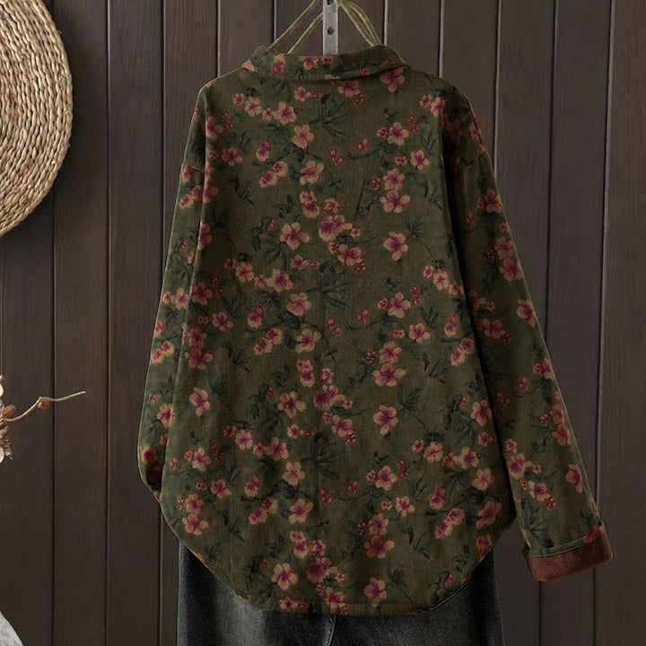 Buddha Stonesと冬の花、緑の葉、カエルボタンのスタンドカラー長袖レディースコットンシャツ - image 1