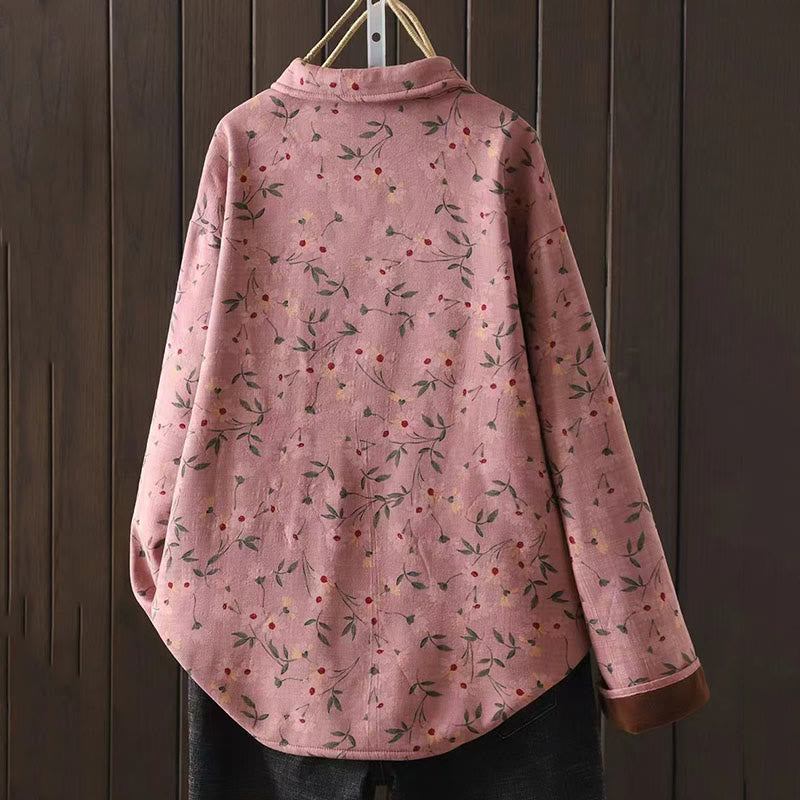 Buddha Stonesと冬の花、緑の葉、カエルボタンのスタンドカラー長袖レディースコットンシャツ - image 4
