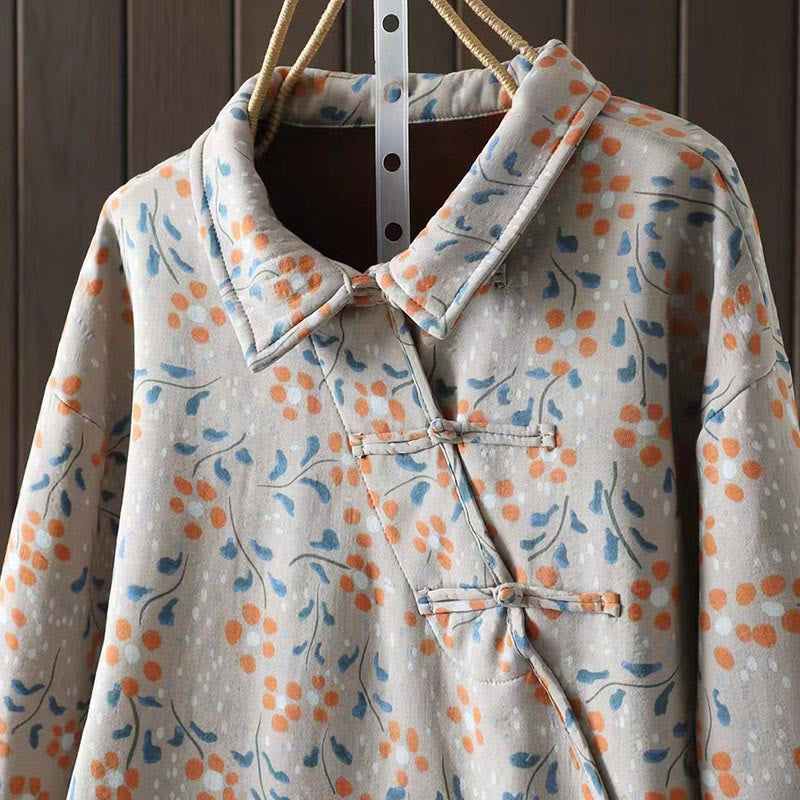 Buddha Stonesと冬の花、緑の葉、カエルボタンのスタンドカラー長袖レディースコットンシャツ - image 14