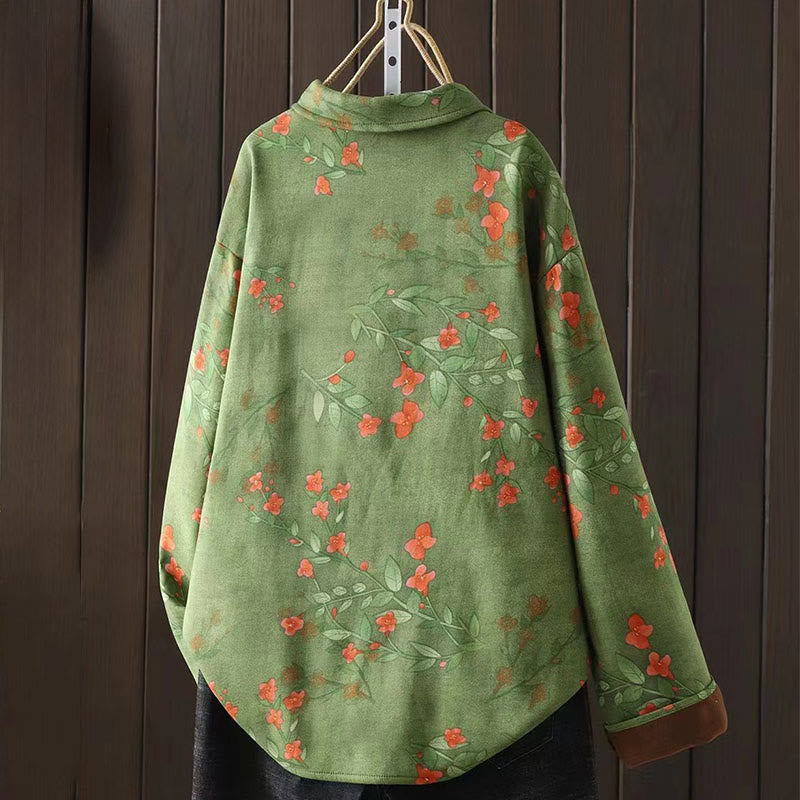 Buddha Stonesと冬の花、緑の葉、カエルボタンのスタンドカラー長袖レディースコットンシャツ - image 9