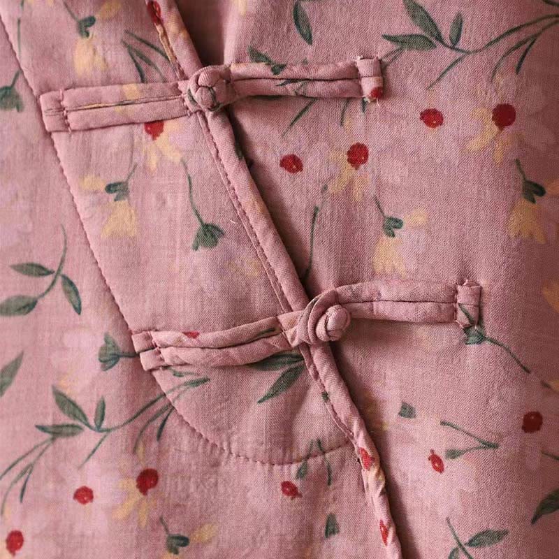 Buddha Stonesと冬の花、緑の葉、カエルボタンのスタンドカラー長袖レディースコットンシャツ - image 7