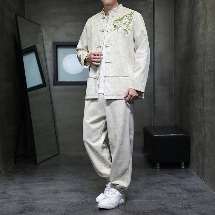 Buddha Stones 2点セット 春 龍 竹 雲 メンズ 唐装 カエルボタン コットン 長袖 ジャケット パンツ セット ポケット付き - リネン - US/UK/AU46、 EU56 (5XL) - image 0