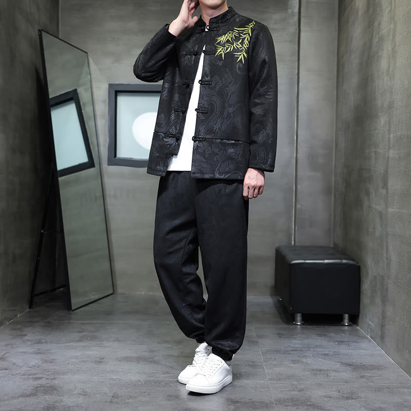 Buddha Stones 2点セット 春 龍 竹 雲 メンズ 唐装 カエルボタン コットン 長袖 ジャケット パンツ セット ポケット付き - 黒 - US/UK/AU46、 EU56 (5XL) - image 21