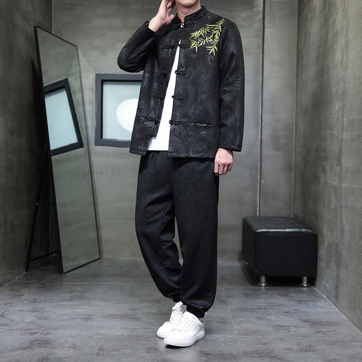 Buddha Stones 2点セット 春 龍 竹 雲 メンズ 唐装 カエルボタン コットン 長袖 ジャケット パンツ セット ポケット付き - 黒 - US/UK/AU46、 EU56 (5XL) - image 21