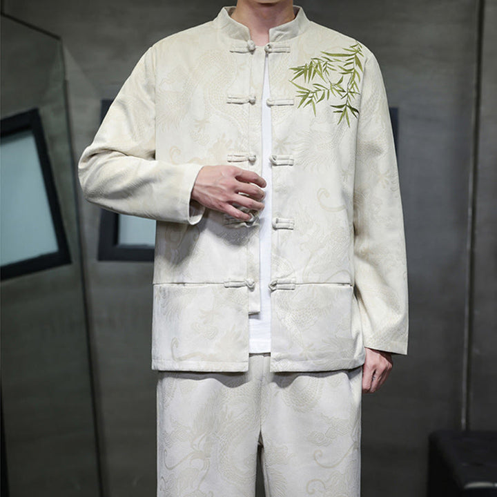 Buddha Stones 2点セット 春 龍 竹 雲 メンズ 唐装 カエルボタン コットン 長袖 ジャケット パンツ セット ポケット付き - image 7