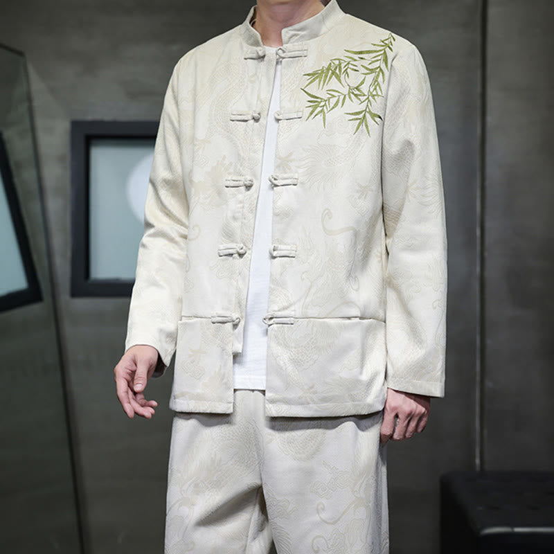 Buddha Stones 2点セット 春 龍 竹 雲 メンズ 唐装 カエルボタン コットン 長袖 ジャケット パンツ セット ポケット付き - image 6