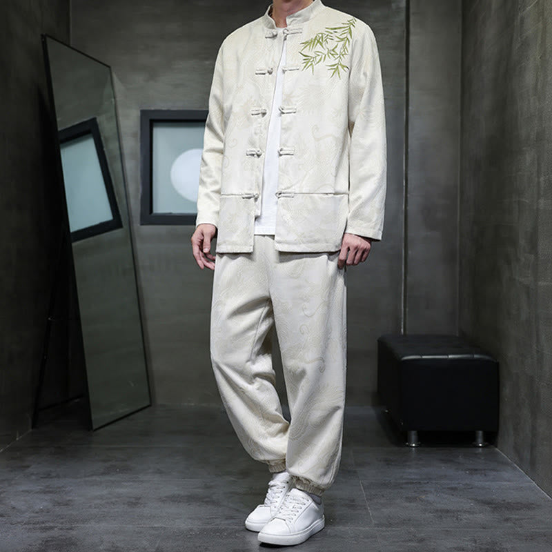 Buddha Stones 2点セット 春 龍 竹 雲 メンズ 唐装 カエルボタン コットン 長袖 ジャケット パンツ セット ポケット付き - image 5