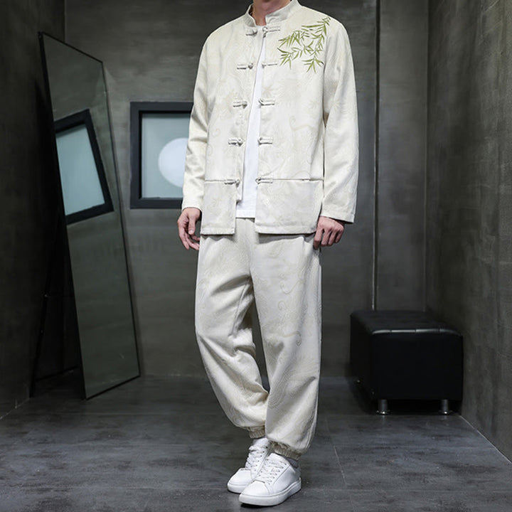 Buddha Stones 2点セット 春 龍 竹 雲 メンズ 唐装 カエルボタン コットン 長袖 ジャケット パンツ セット ポケット付き - image 5