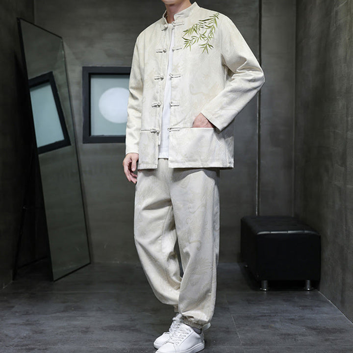 Buddha Stones 2点セット 春 龍 竹 雲 メンズ 唐装 カエルボタン コットン 長袖 ジャケット パンツ セット ポケット付き - image 4
