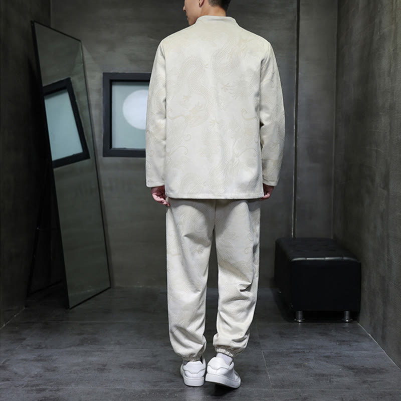 Buddha Stones 2点セット 春 龍 竹 雲 メンズ 唐装 カエルボタン コットン 長袖 ジャケット パンツ セット ポケット付き - image 3