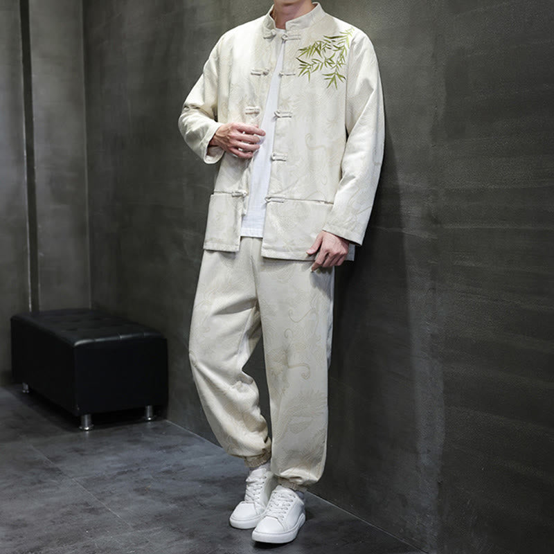 Buddha Stones 2点セット 春 龍 竹 雲 メンズ 唐装 カエルボタン コットン 長袖 ジャケット パンツ セット ポケット付き - image 2