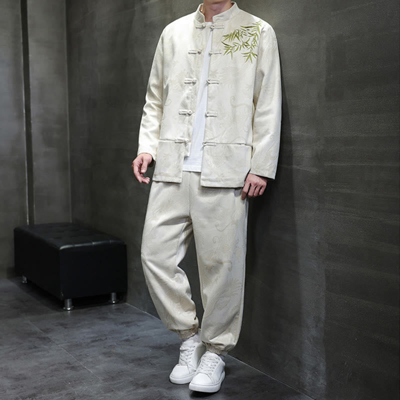 Buddha Stones 2点セット 春 龍 竹 雲 メンズ 唐装 カエルボタン コットン 長袖 ジャケット パンツ セット ポケット付き - image 1