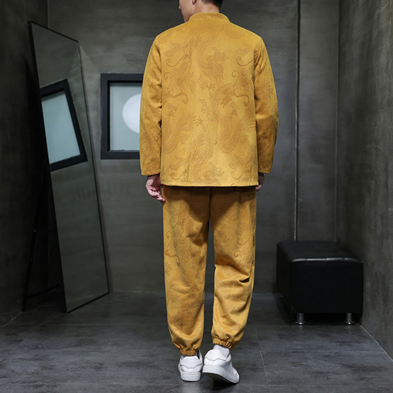 Buddha Stones 2点セット 春 龍 竹 雲 メンズ 唐装 カエルボタン コットン 長袖 ジャケット パンツ セット ポケット付き - image 11