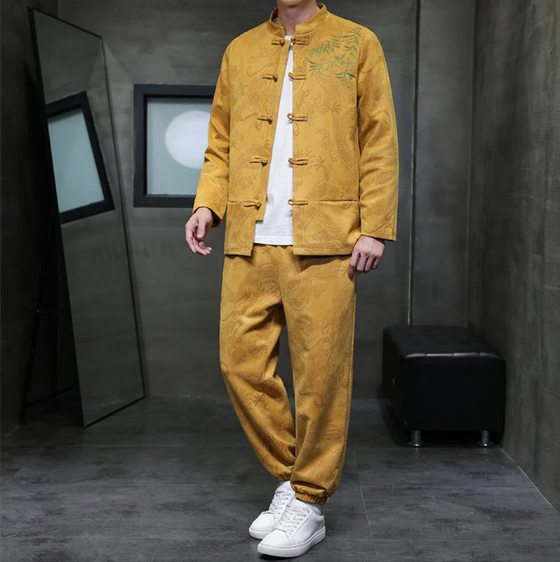 Buddha Stones 2点セット 春 龍 竹 雲 メンズ 唐装 カエルボタン コットン 長袖 ジャケット パンツ セット ポケット付き - image 9