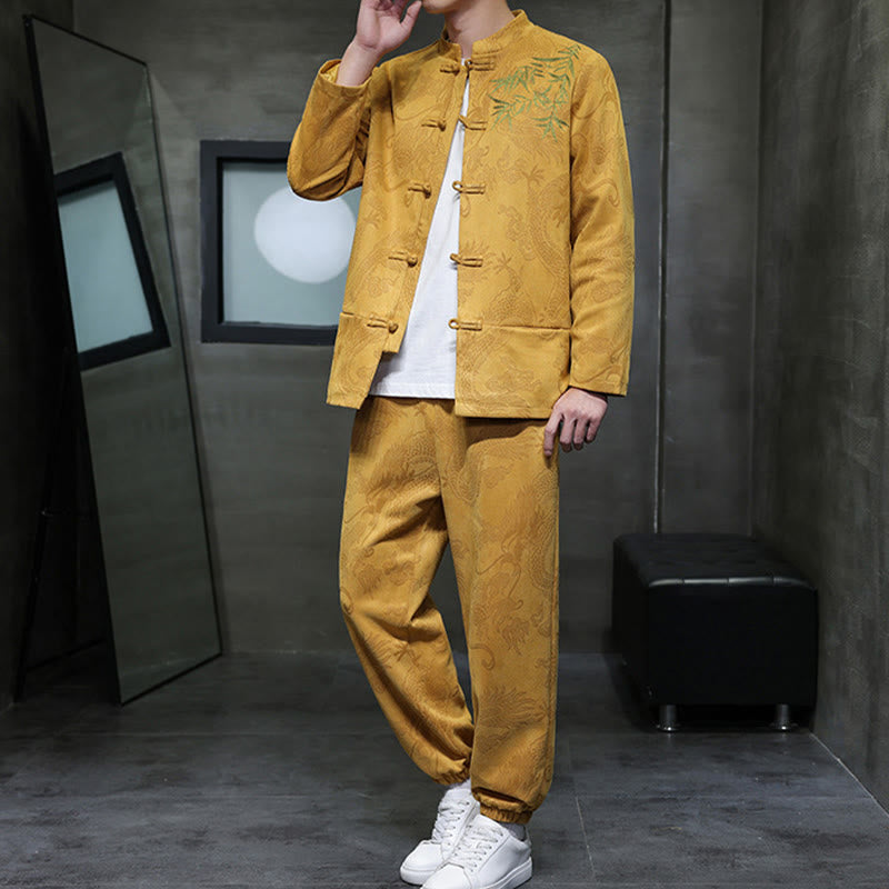 Buddha Stones 2点セット 春 龍 竹 雲 メンズ 唐装 カエルボタン コットン 長袖 ジャケット パンツ セット ポケット付き - image 14