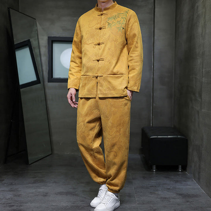 Buddha Stones 2点セット 春 龍 竹 雲 メンズ 唐装 カエルボタン コットン 長袖 ジャケット パンツ セット ポケット付き - image 10